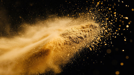 Big size Sand flying explosion, Golden grain wave explode. Abstract cloud fly. Yellow colored sand splash throwing in Air. Black background Isolated selective focus blurの素材