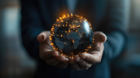 Businessman holding global network connection on social networking and customer data analytics, Business strategy and smart intelligence, digital marketing, Technology and global business.の素材