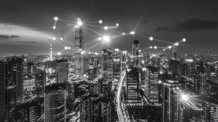 Black and white smart city with data communication flow network, communication technology conceptの素材