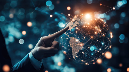 Business development to success and growth of banking and financial on global network. Businessman hold pointing arrow up and graph corporate future growth plan on network structure of business.の素材