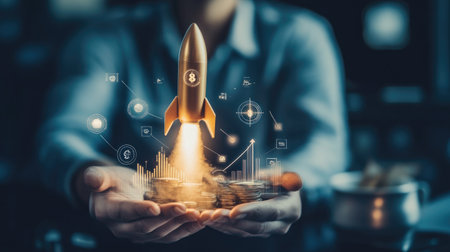 Businessman holding icons about business and investment, Rocketing take off with a targeted launch speed, Wealth fast, Graph depicting rising earning, increasing profits exemplifies financial success,の素材