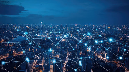 City scape and network icon connection conceptの素材