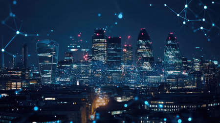 City of London view at night, business network connections concept.の素材