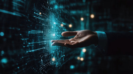 Businessman hand show of digital data network transformation for next generation technology on cyberspace, Internet network and digital software development, Algorithm, Metaverse and data science.の素材