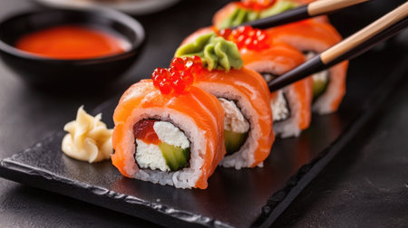 Raw salmon sushi rolls with colorful ingredients, presented on a sleek black plate with dipping sauce and chopsticksの素材