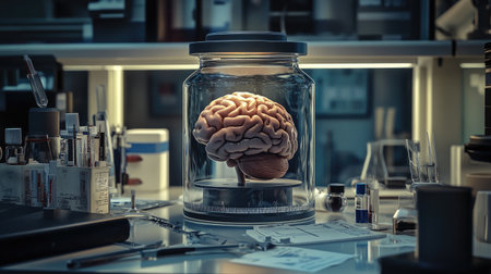 Medical research setting with a human brain specimen in a glass jar, surrounded by scientific notes and research materials on a laboratory benchの素材