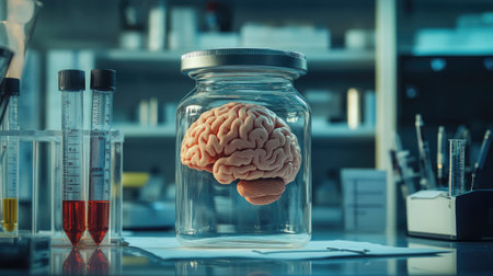 Medical research setting with a human brain specimen in a glass jar, surrounded by scientific notes and research materials on a laboratory benchの素材
