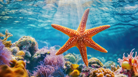 Starfish attached to a coral reef, surrounded by colorful marine life and clear blue water, highlighting its place in the underwater ecosystemの素材
