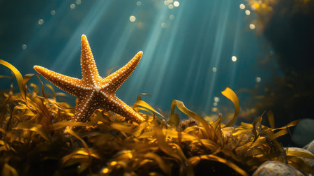 Starfish resting on a bed of seaweed with soft natural lighting, capturing its peaceful presence and the gentle sway of the underwater vegetationの素材