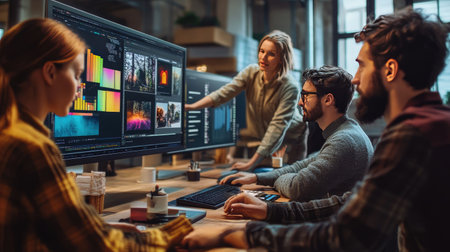 Innovative graphic design team collaborating on a new project, with large monitors displaying vibrant design concepts and mood boardsの素材