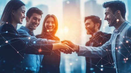 Group of multinational people shaking hands and communication network concept. Wide angle visual for banners or advertisements.の素材