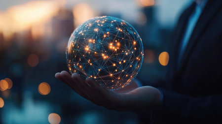 CRM. Customer network relationship management concept, Businessman hold of global structure customer network technology, Data exchanges development. customer service, Banking, Business strategy.の素材