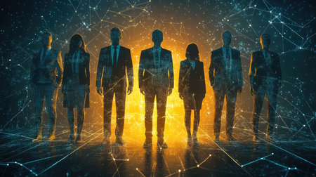 Group of business people outlines with lit background . Mixed mediaの素材