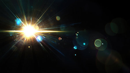 Easy to add lens flare effects for overlay designs or screen blending mode to make high-quality images. Abstract sun burst, digital flare, iridescent glare over black backgroundの素材