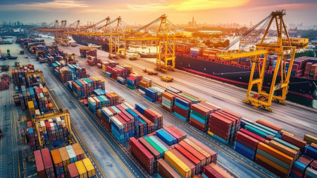 Global business logistics import export of containers cargo freight ship loading at port by crane, container transport, cargo plane, truck to port backgroundの素材