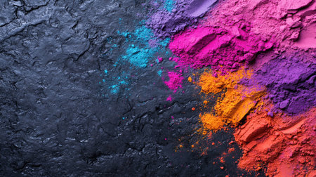 Happy Holi decoration, the indian festival.Top view of colorful holi powder on dark stone background.の素材