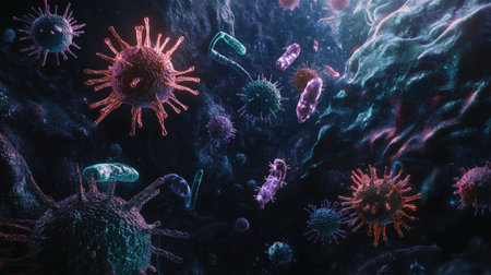 A 3D rendered image of various pathogens, including viruses and bacteria, showing their different shapes and sizes against a dark background.の素材
