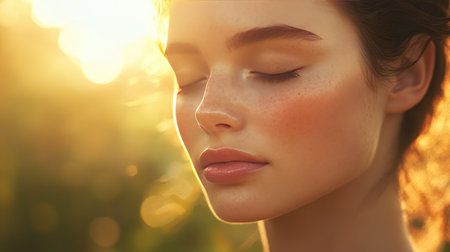 A beautiful woman with radiant skin and minimal makeup, her face illuminated by soft, natural sunlight, with her eyes closed in a peaceful moment.の素材