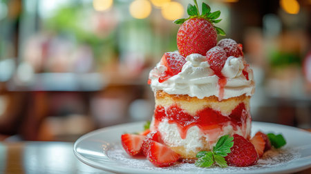 A beautifully decorated strawberry shortcake on a white plate, topped with fresh strawberries and whipped cream, with a blurred background of a cozy cafe.の素材