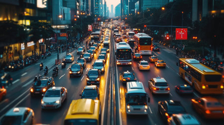 A bustling city street with heavy traffic, featuring cars, buses, and motorcycles in motion, captured from a high vantage point to showcase the busy urban environment.の素材