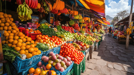 A cheerful scene of a colorful market with bright fruits and vegetables on display, emphasizing the freshness and variety of the produce.の素材