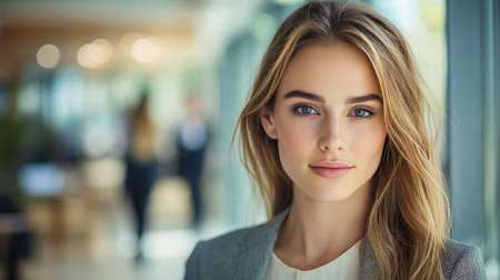A businesswoman in a sophisticated outfit, looking directly at the camera with a clear, engaged expression, set against a well-lit office setting with blurred colleagues in the background.の素材