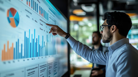A business professional pointing at a bar graph on a large digital screen in a modern conference room, surrounded by colleagues discussing growth strategies.の素材
