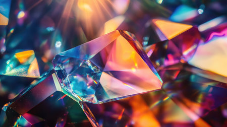 A close-up of a colorful abstract pattern created by light reflections in a crystal prism, displaying a spectrum of hues and intricate details.の素材