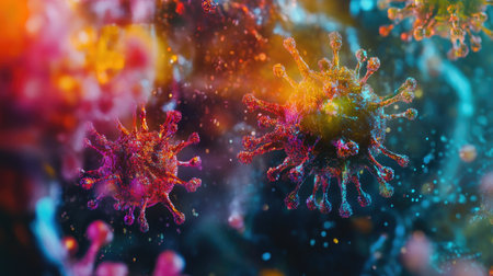 A close-up of a digital representation of a virus, with bright colors and a detailed, abstract depiction of its molecular structure.の素材