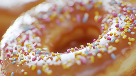 A close-up of a freshly glazed donut with a glossy finish and vibrant sprinkles, capturing the texture and sweetness of this classic treat.の素材