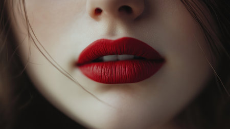 A close-up of a woman lips with a vibrant, red lipstick, slightly parted and accentuated by soft, natural lighting, creating an elegant and alluring look.の素材