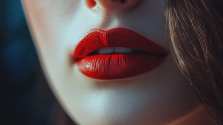 A close-up of a woman lips with a vibrant, red lipstick, slightly parted and accentuated by soft, natural lighting, creating an elegant and alluring look.の素材