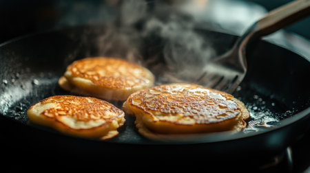 A close-up of a sizzling hot skillet with golden-brown pancakes cooking, steam rising from the surface and a spatula poised to flip themの素材