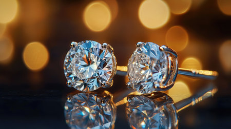 A close-up of a pair of diamond stud earrings on a reflective surface, capturing their sparkle and fine craftsmanship against a softly lit background.の素材