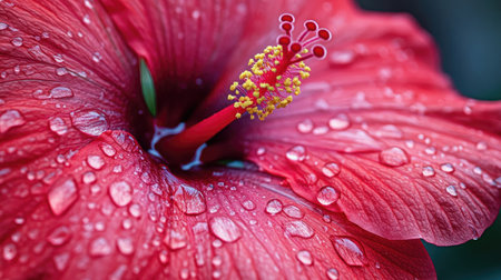 A close-up of a red hibiscus flower with fresh water droplets on its petals, capturing the vibrant color and dewy texture in a tropical garden setting.の素材