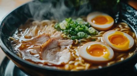 A close-up of a steaming bowl of ramen with rich broth, tender noodles, and toppings like sliced pork, green onions, and a soft-boiled egg, capturing its delicious appealの素材