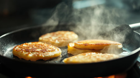 A close-up of a sizzling hot skillet with golden-brown pancakes cooking, steam rising from the surface and a spatula poised to flip themの素材