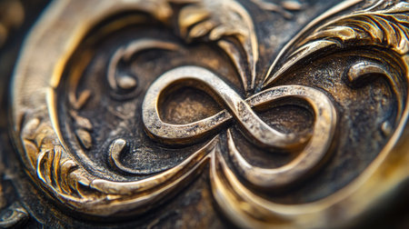 A close-up of a symbol engraved on a piece of jewelry, such as a heart or infinity symbol, with a focus on the intricate details and craftsmanship of the design.の素材