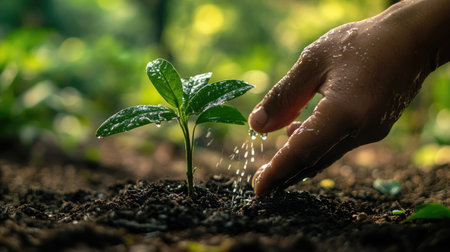 A close-up of a young tree sapling being watered by a volunteer, with droplets of water visible and a focus on the importance of care and nurturing in reforestation.の素材