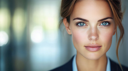 A close-up portrait of a businesswoman with clear, focused eyes and a polished look, wearing a formal suit, with a clean, corporate environment in the backgroundの素材
