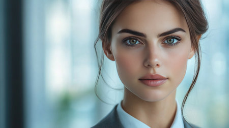 A close-up portrait of a businesswoman with clear, focused eyes and a polished look, wearing a formal suit, with a clean, corporate environment in the backgroundの素材