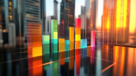 A creative 3D bar graph projected onto a glass surface in a high-tech office environment, with colorful bars and shadow effects creating a futuristic look.の素材