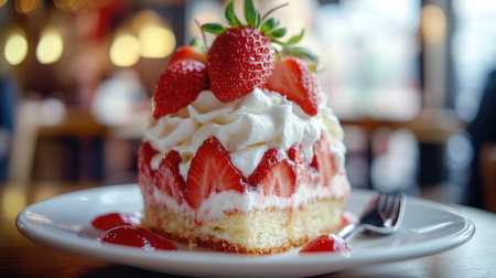 A beautifully decorated strawberry shortcake on a white plate, topped with fresh strawberries and whipped cream, with a blurred background of a cozy cafe.の素材
