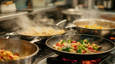 A busy kitchen with multiple hot pans on the stove, including a wok with stir-frying vegetables and a saucepan with boiling pasta, creating a dynamic cooking scene.の素材