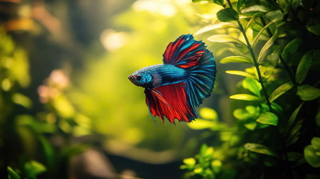 A Betta fish with bright blue and red hues swimming among lush green aquatic plants in a spacious aquarium, creating a serene and natural underwater scene.の素材
