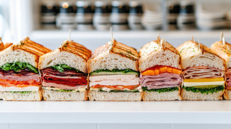 A colorful assortment of sandwiches with various fillings, including ham, cheese, and vegetables, neatly lined up on a white countertop for a vibrant display.の素材