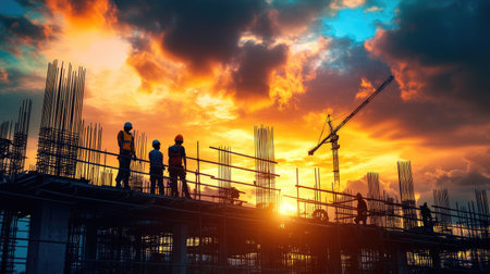 A construction site at sunset with silhouettes of workers and machinery against a dramatic sky, highlighting the end of a productive workday.の素材