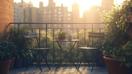 A cozy balcony with a small table, two chairs, and potted plants, set against a backdrop of city skyline, creating a relaxing outdoor space for morning coffee.の素材