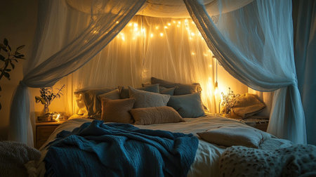 A cozy, intimate bedroom with a canopy bed draped in sheer fabric, soft, ambient lighting, and a mix of plush pillows and throws for a romantic, restful retreat.の素材