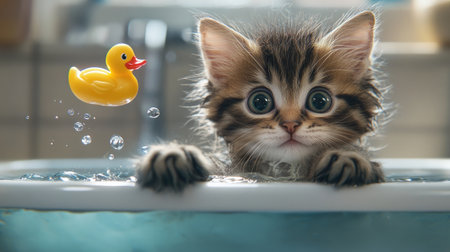 A curious kitten standing in a shallow bath with its paws in the water, eyes wide as it watches a small rubber duck floating by.の素材